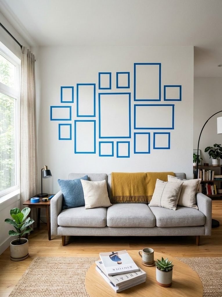 Planning renter-friendly wall decor layouts using blue painter's tape on a blank wall.