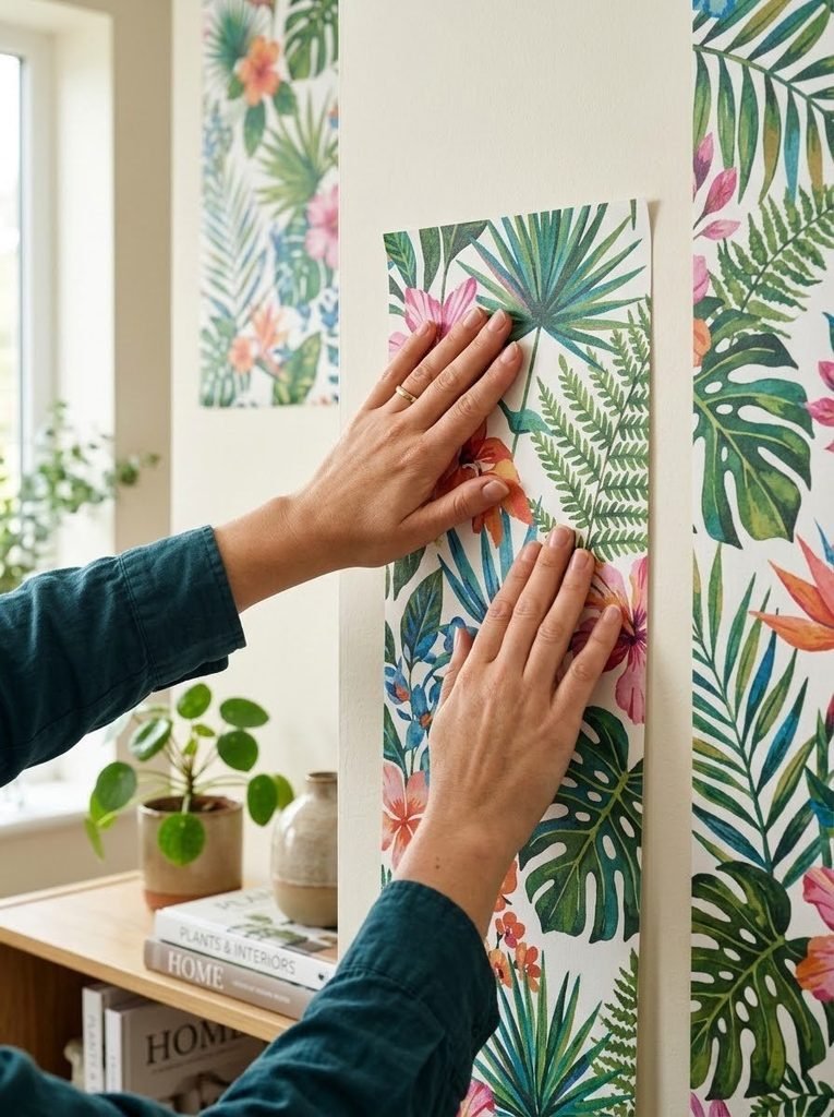 Applying temporary botanical peel-and-stick wallpaper as renter-friendly wall decor.