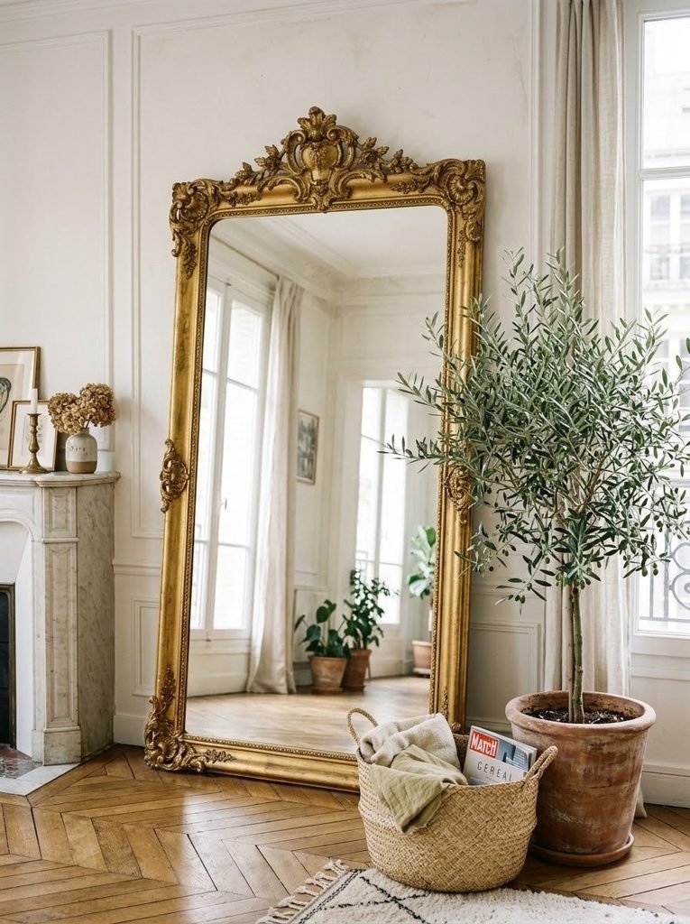 An oversized leaning gold mirror serving as elegant renter-friendly wall decor.