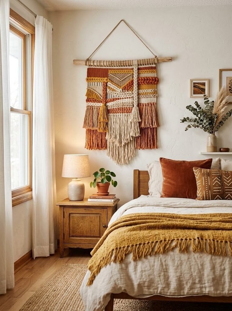 A woven bohemian tapestry hanging lightly as renter-friendly wall decor.