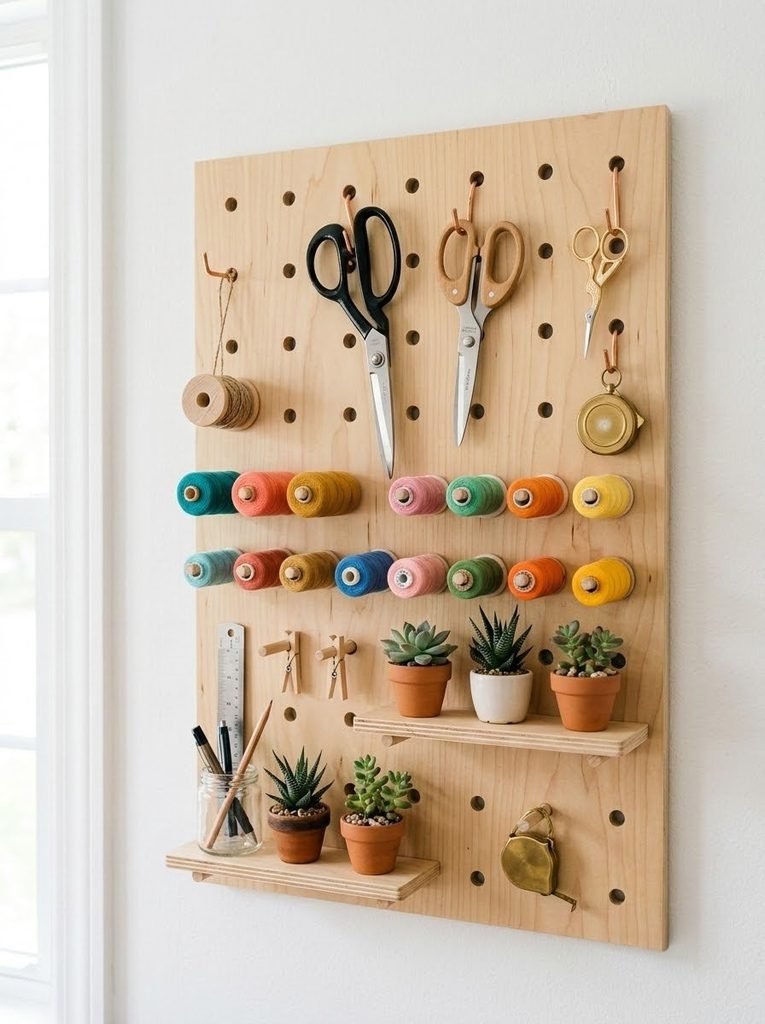 A functional wooden pegboard serving as functional aesthetic craft room inspiration.