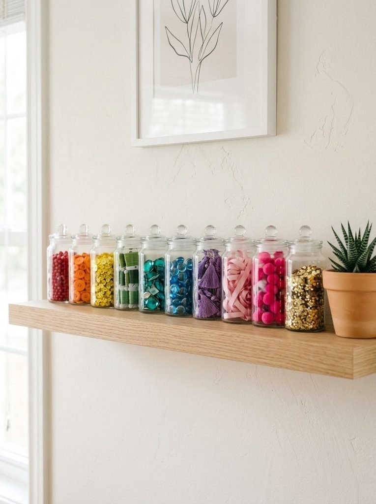 Colorful craft supplies organized in clear glass jars on a floating shelf.