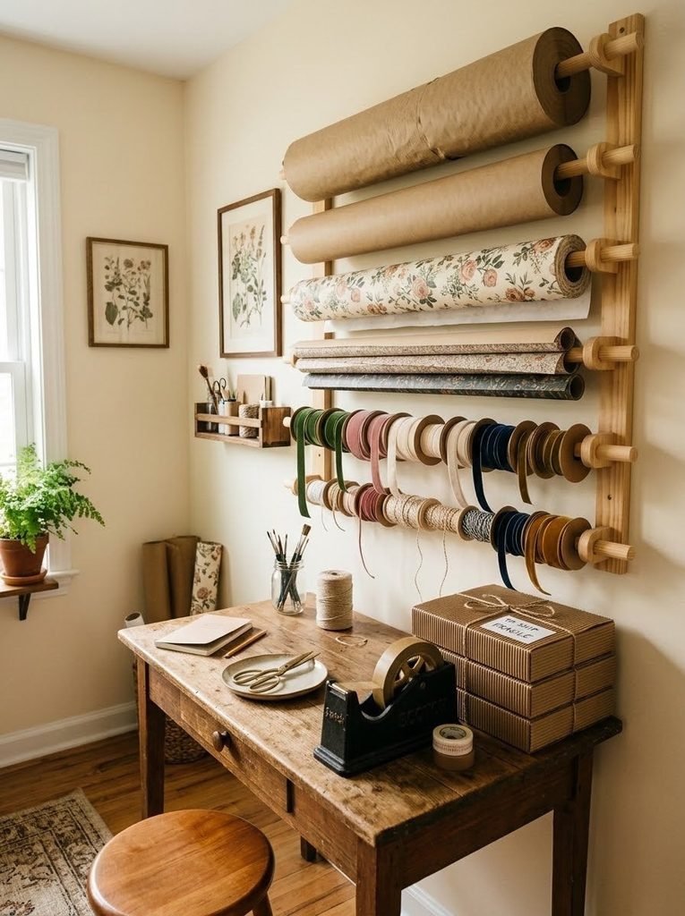 A dedicated wrapping and shipping station featuring wall-mounted paper rolls.