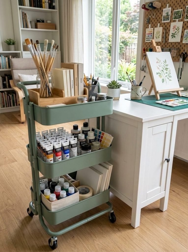 A sage green tiered rolling cart organizing mobile art supplies.