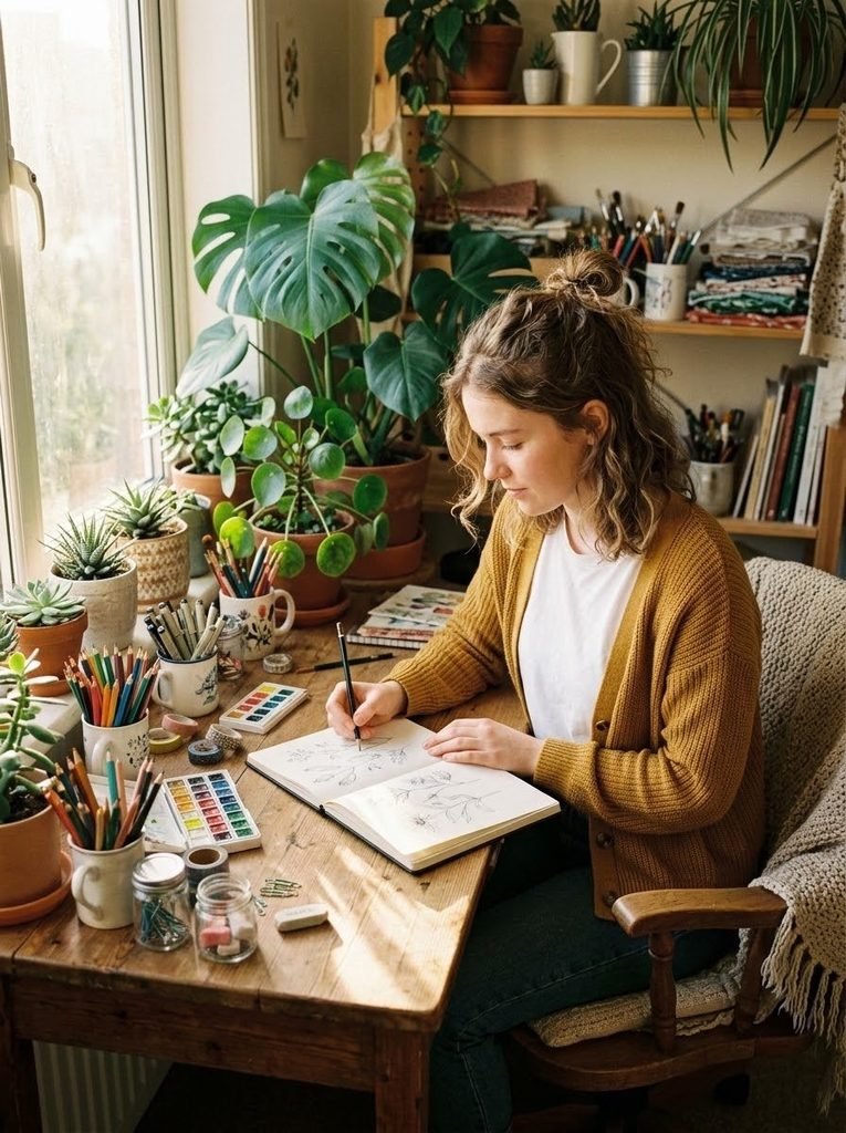 A beautifully sunlit desk maximizing natural light for aesthetic craft room inspiration.