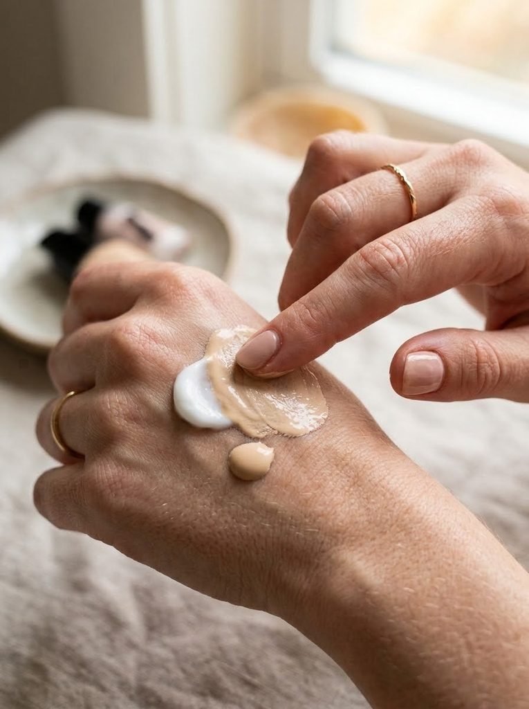 Mixing foundation and moisturizer to create a sheer skin tint for quick everyday makeup hacks.