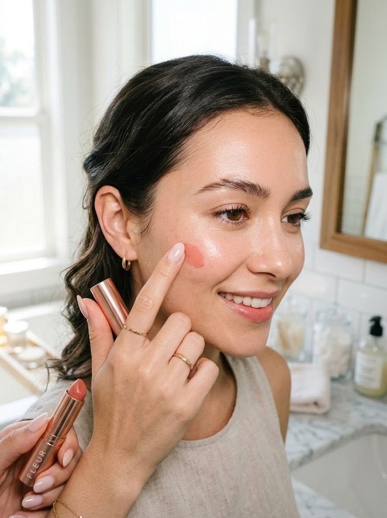 Dabbing lipstick onto cheeks as a multi-purpose blush step in quick everyday makeup hacks.