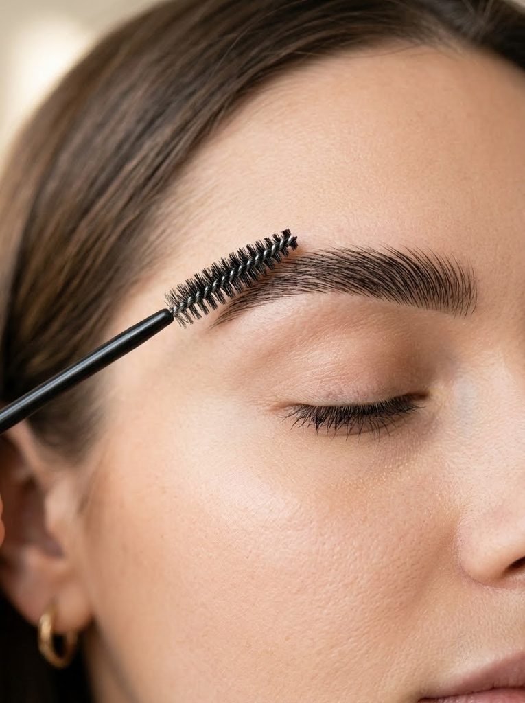 Grooming eyebrows with a spoolie brush for quick everyday makeup hacks.