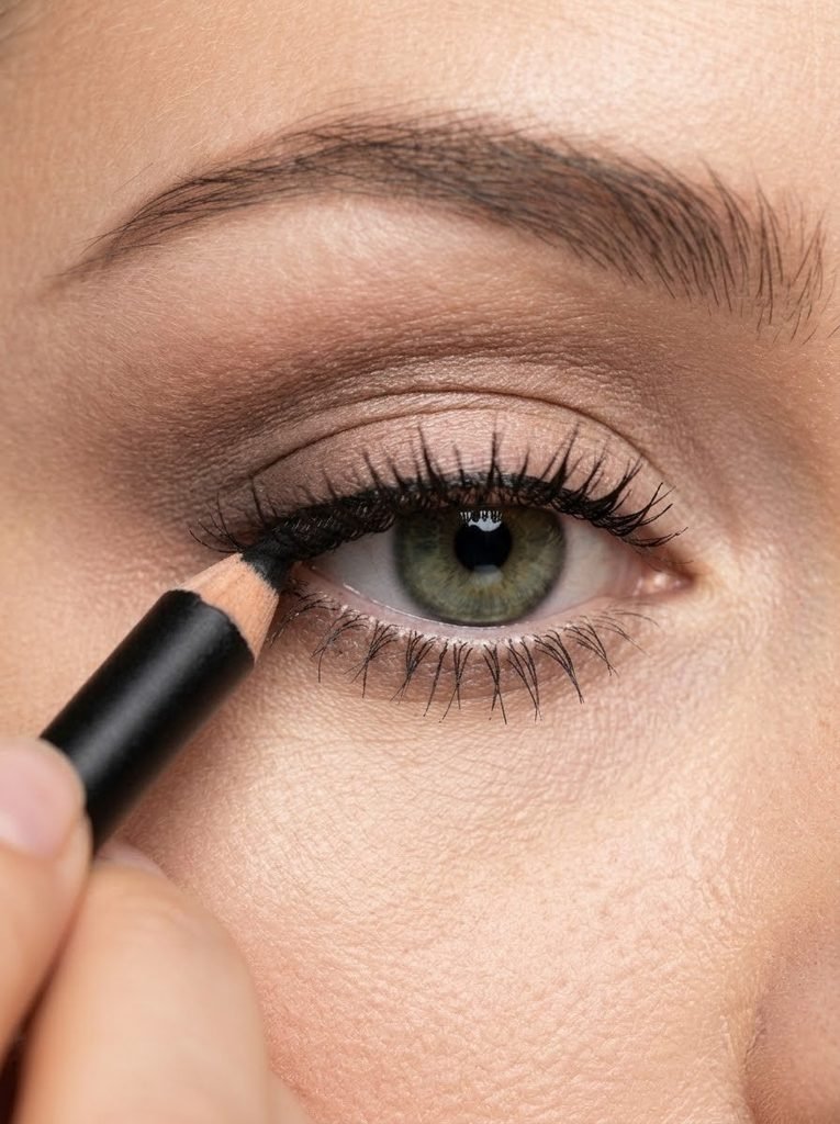 Tightlining the upper waterline to enhance lashes using quick everyday makeup hacks.
