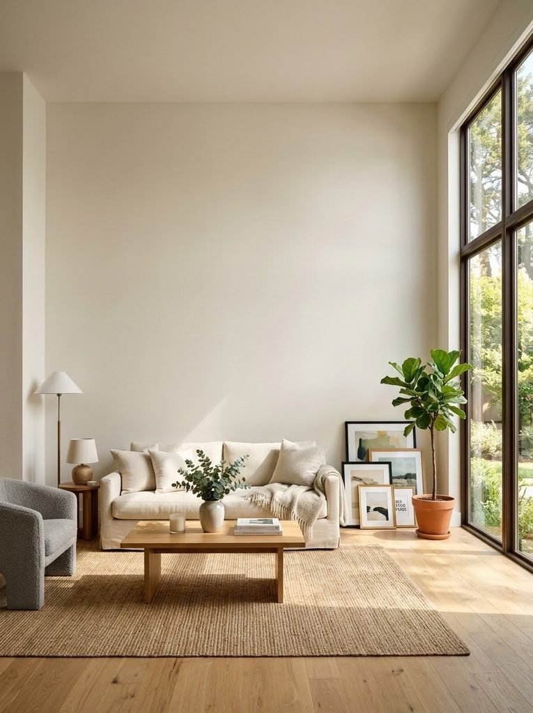 A bright and modern living room space prepared for new DIY wall decor hacks and interior design upgrades.