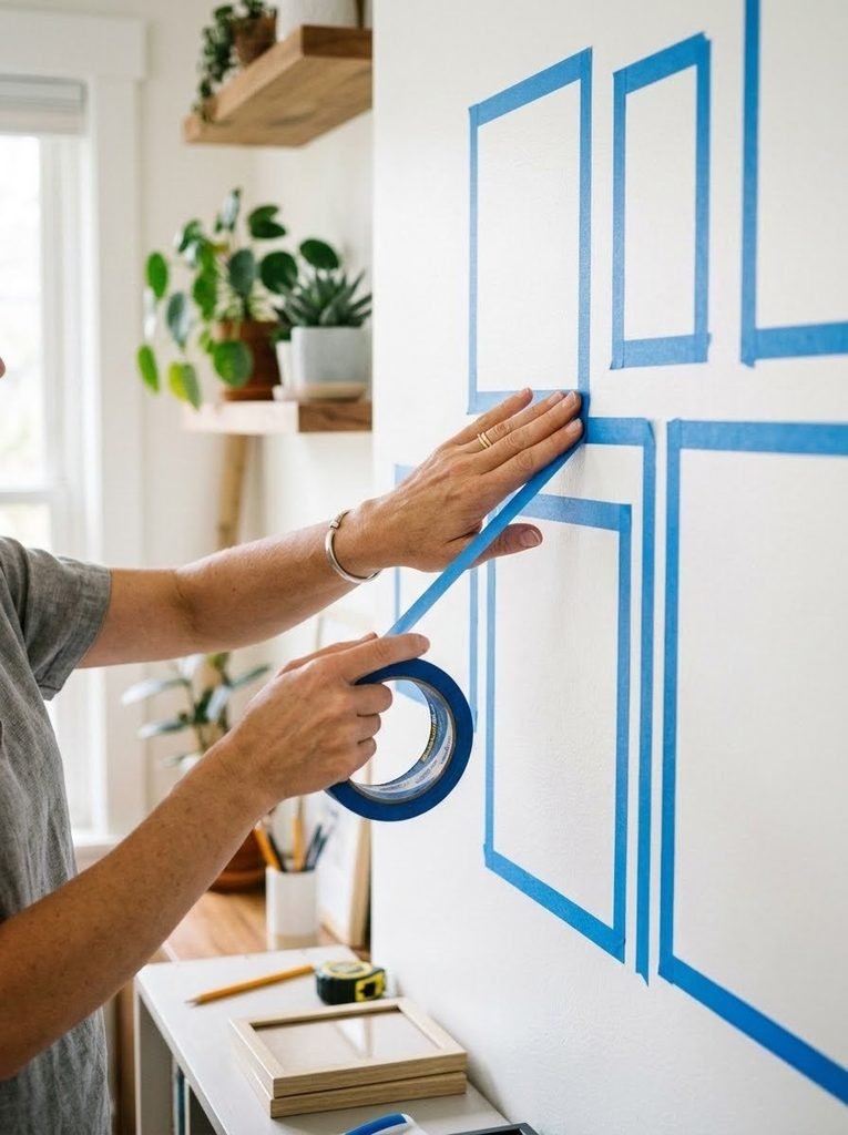 Using blue painter's tape to plan a perfectly spaced gallery wall layout without damaging the paint