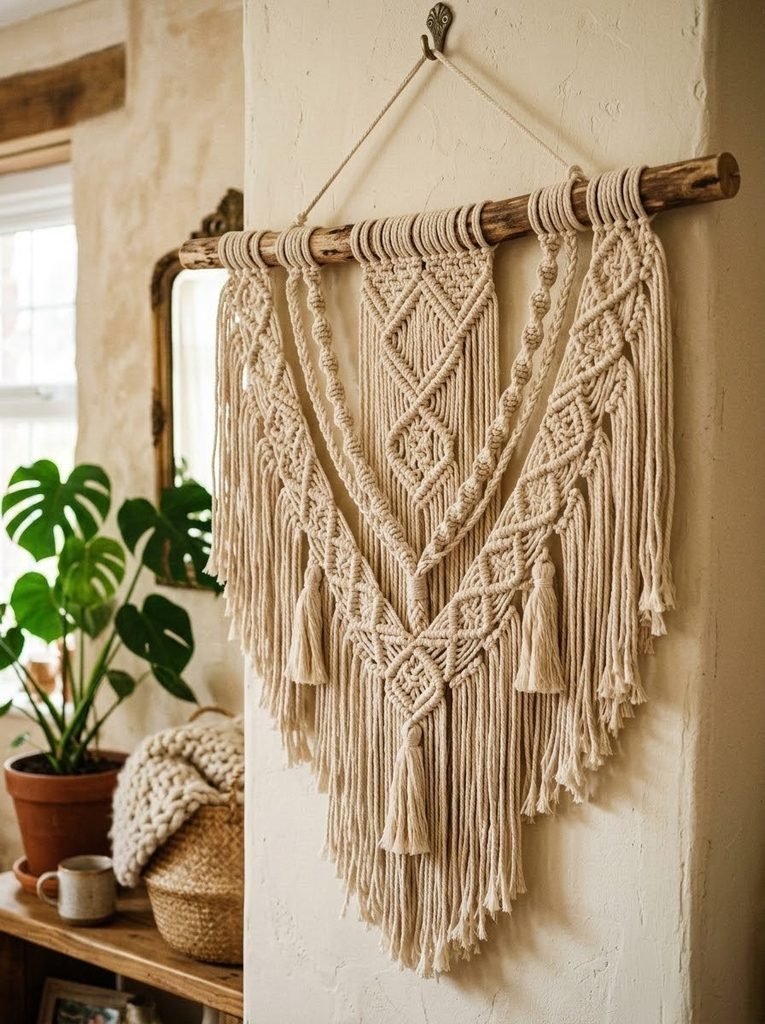 A handmade woven macrame wall hanging adding warm, bohemian texture to a cozy living space.