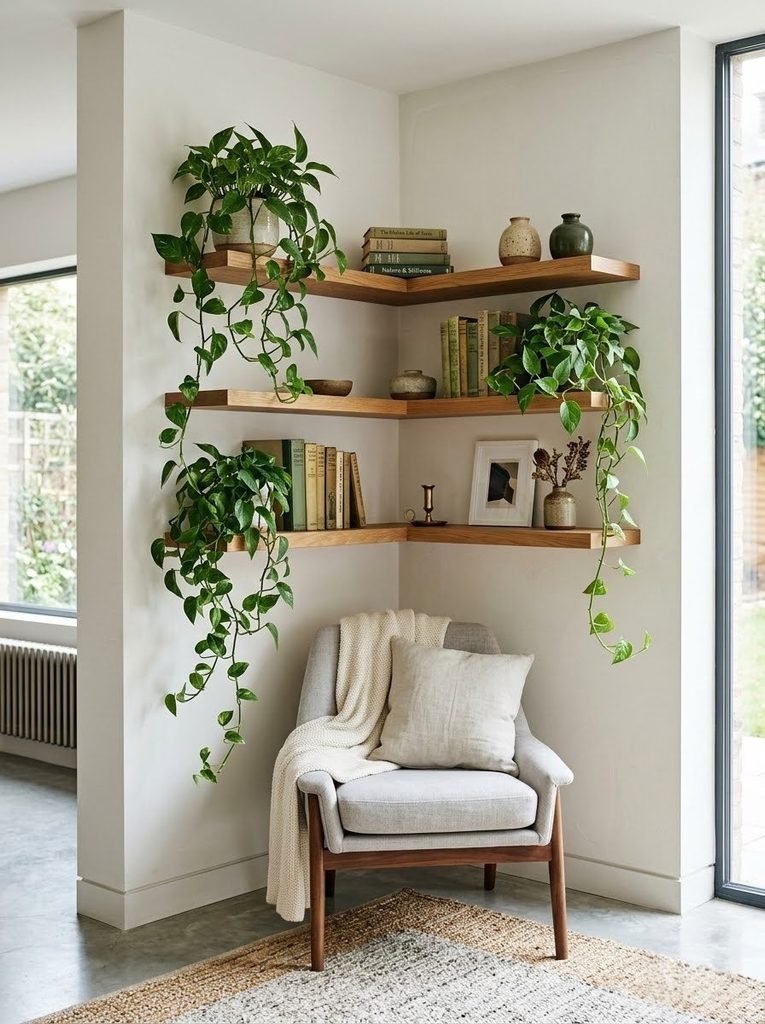 Wooden floating corner shelves styled with trailing indoor plants and books in a modern living room.