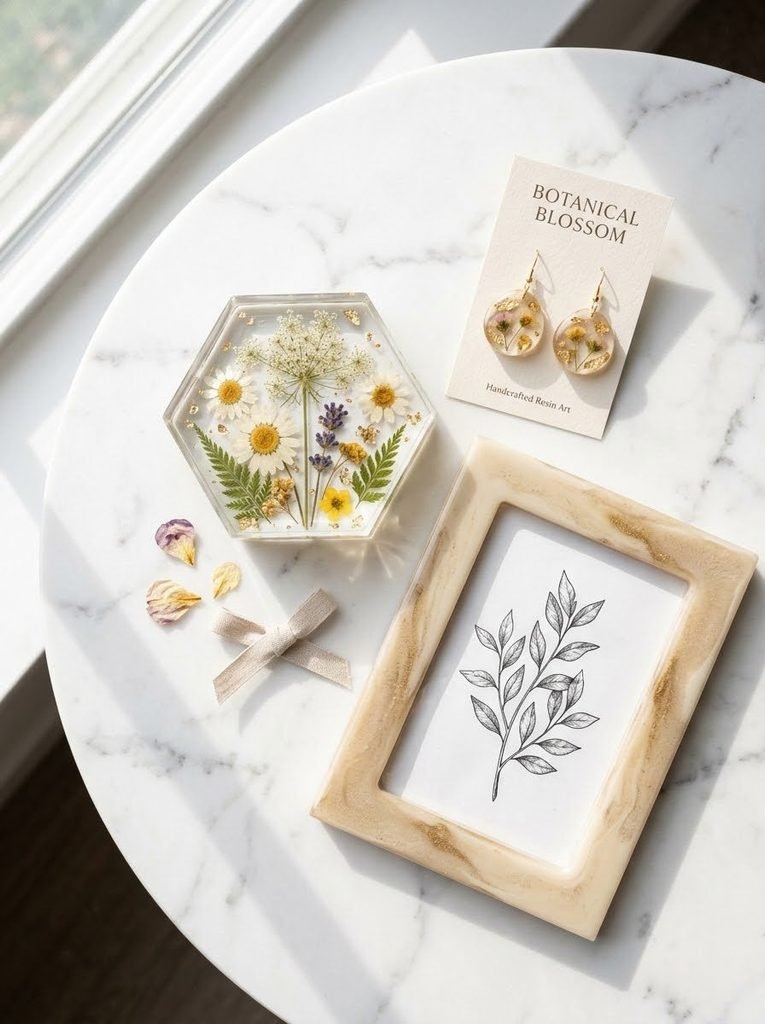 A collection of functional and productive beginner resin art products on a marble table.