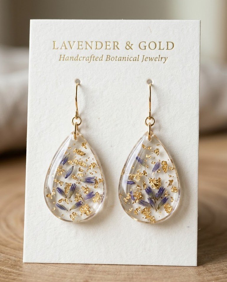 Custom resin earrings featuring gold flakes and dried petals.