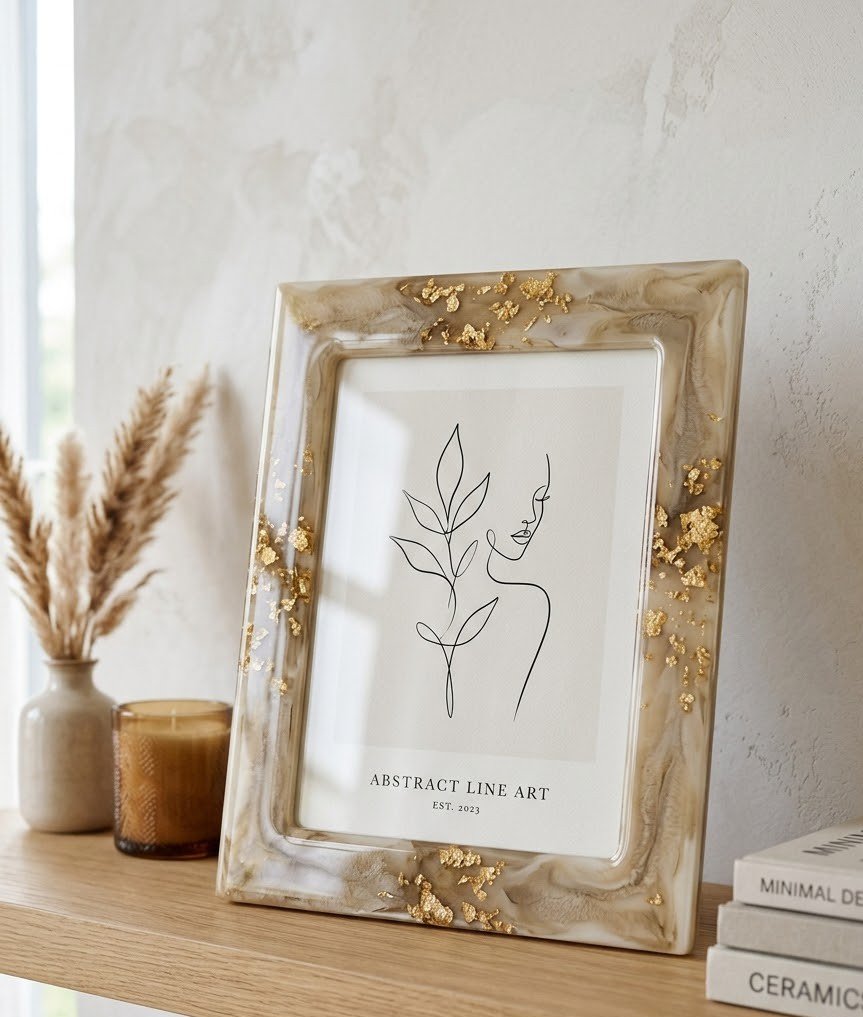 A decorative resin picture frame displaying minimalist art on a shelf.