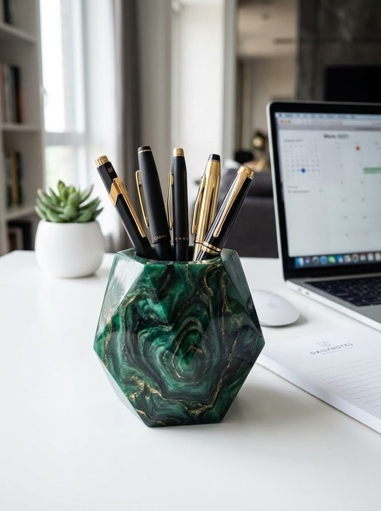 A geometric resin desk organizer keeping aesthetic pens neatly stored.