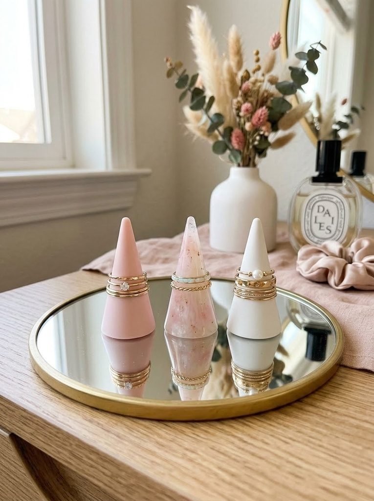 Pastel resin ring cones organizing delicate gold jewelry on a vanity.