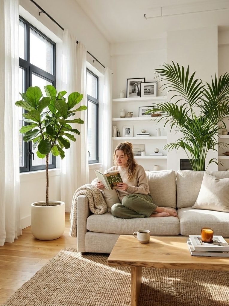 A beautiful modern apartment living room featuring large, low-maintenance indoor trees.