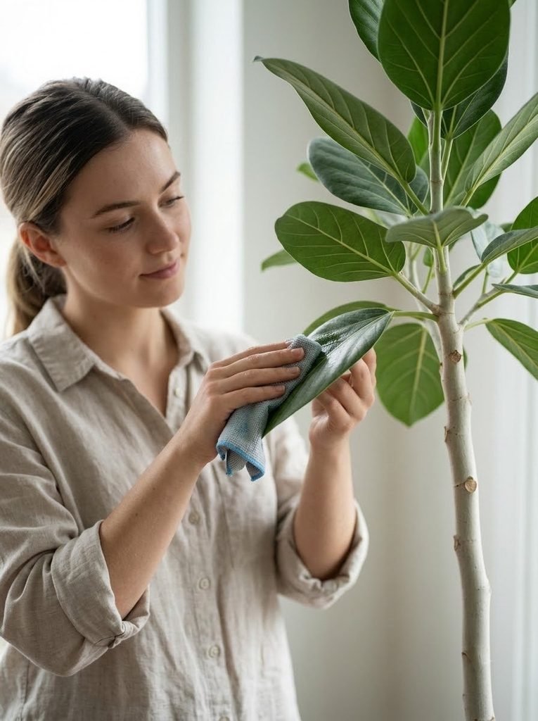 A woman caring for a Ficus Audrey, one of the best low-maintenance indoor trees.