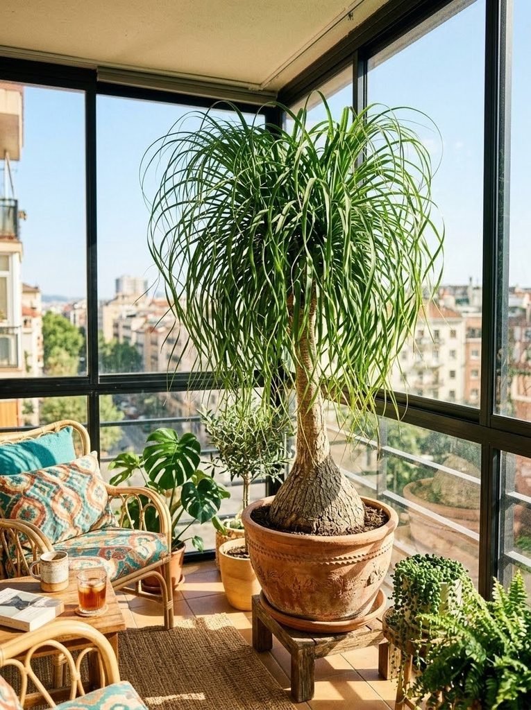 A large Ponytail Palm showcasing unique foliage as a low-maintenance indoor tree.