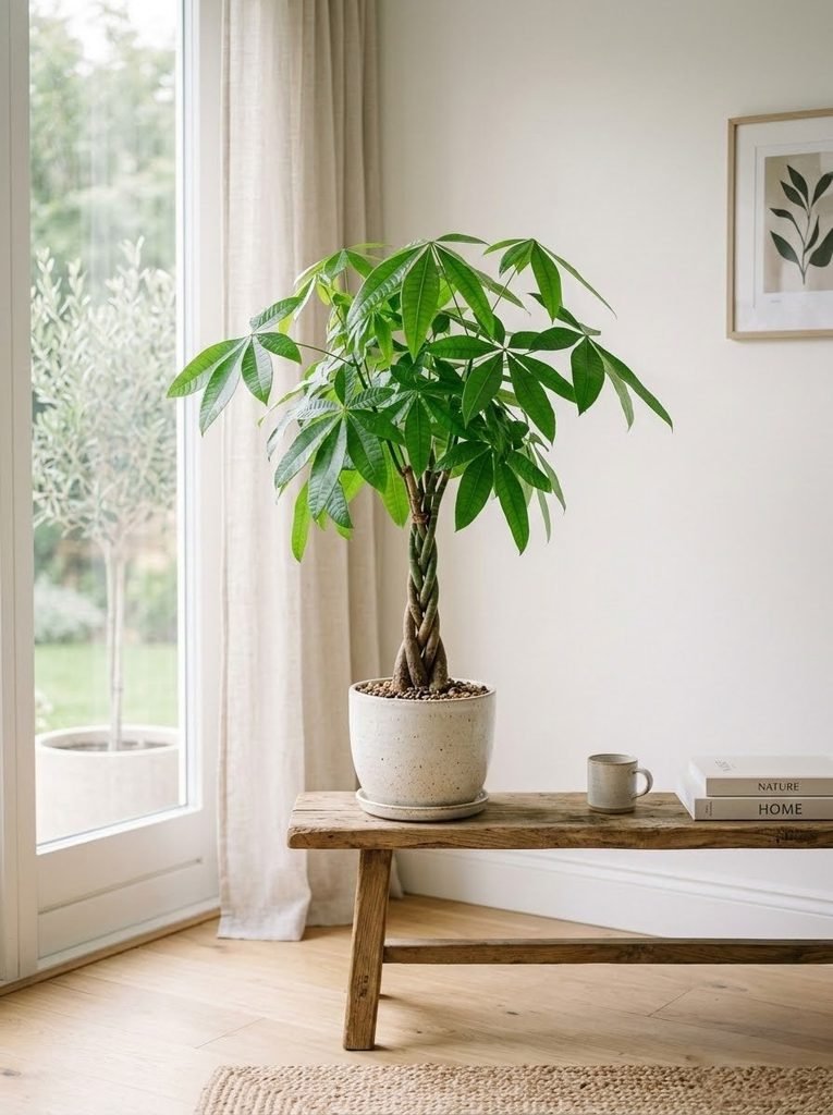 A braided Money Tree bringing lush greenery and luck to a minimalist room.