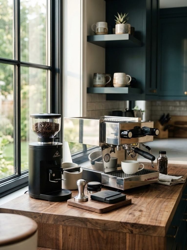 A beautifully engineered modern home espresso bar setup on a wooden kitchen counter.