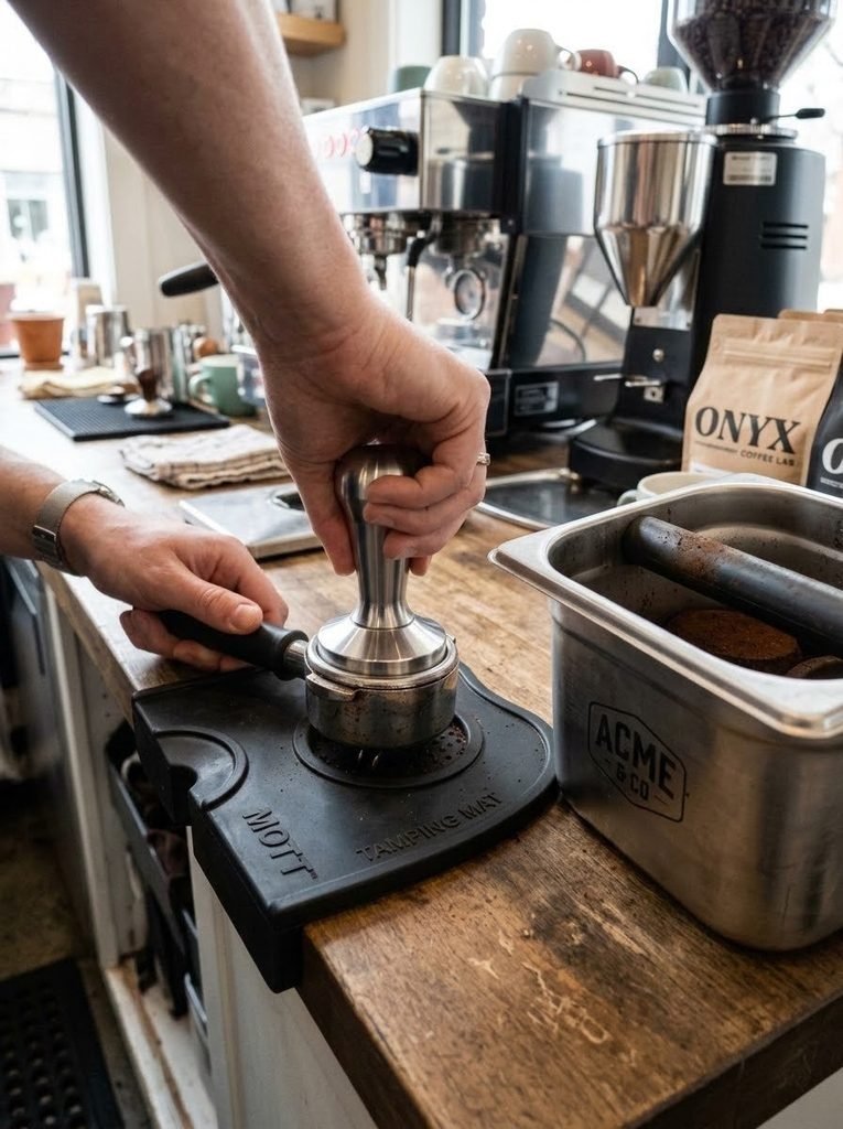 A thick silicone mat providing a level tamping zone for a home espresso bar setup