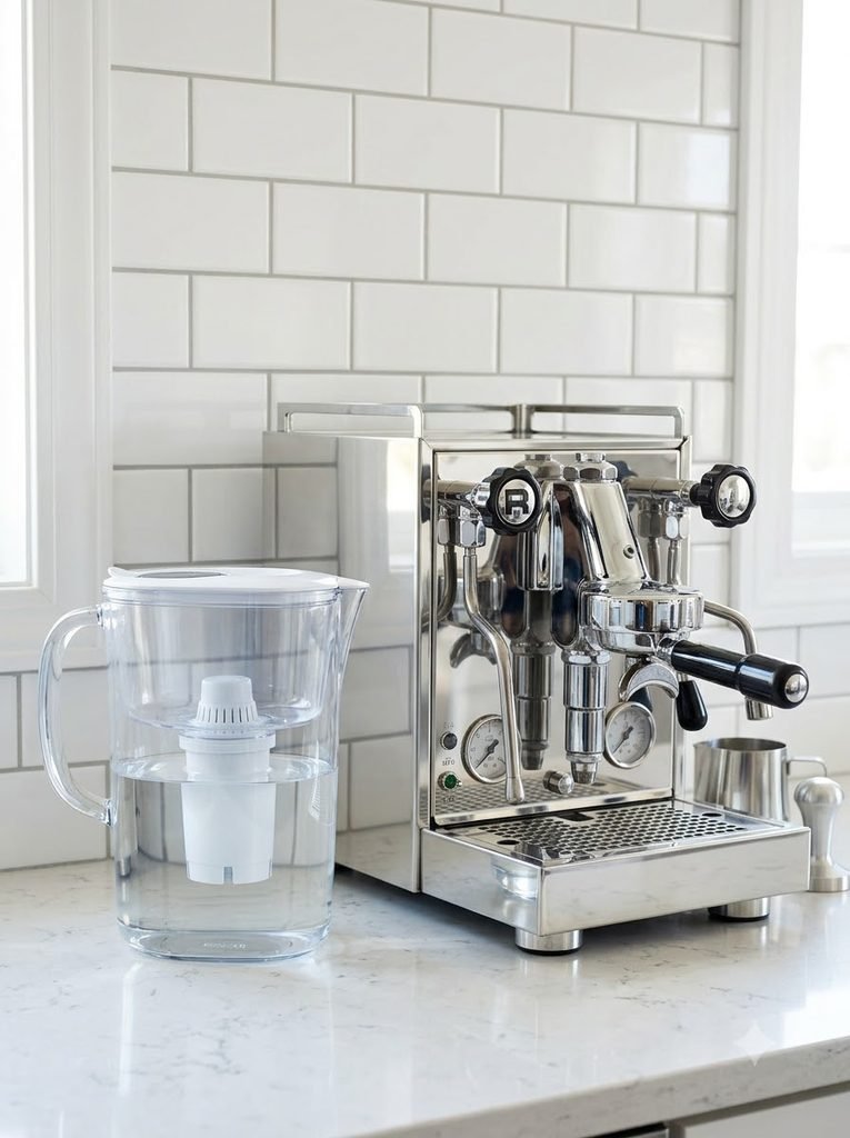 A glass water filtration pitcher optimizing water quality for an espresso machine.