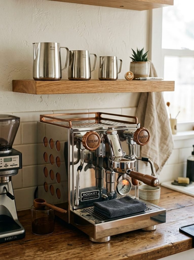 Stainless steel milk frothing pitchers arranged neatly on a floating shelf.
