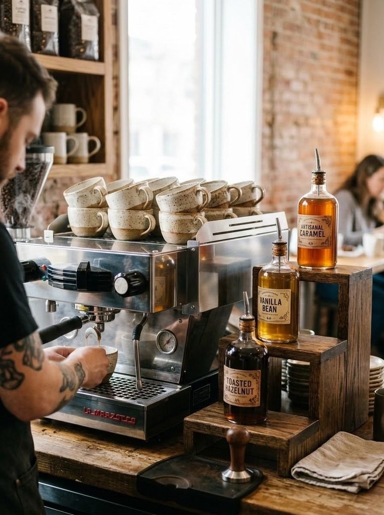 Ceramic mugs and artisanal syrups beautifully displayed in a coffee corner.