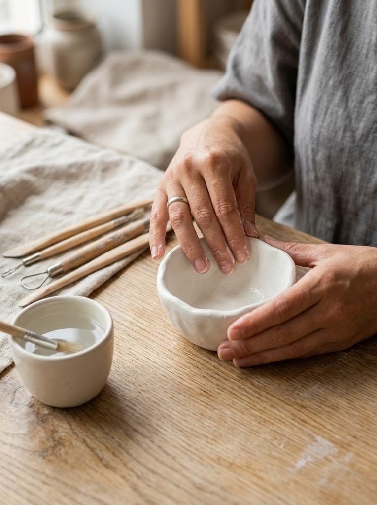 Molding a small bowl with air-dry clay for trending casual crafts.