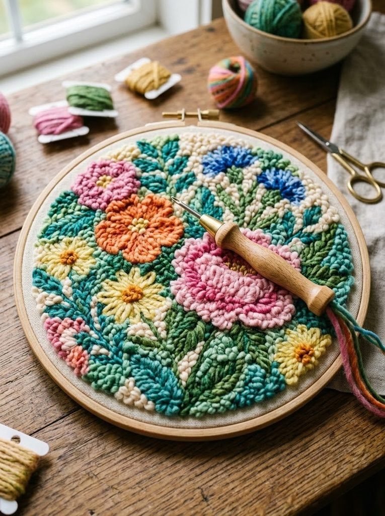 Creating fluffy textures with punch needle embroidery as part of trending casual crafts.
