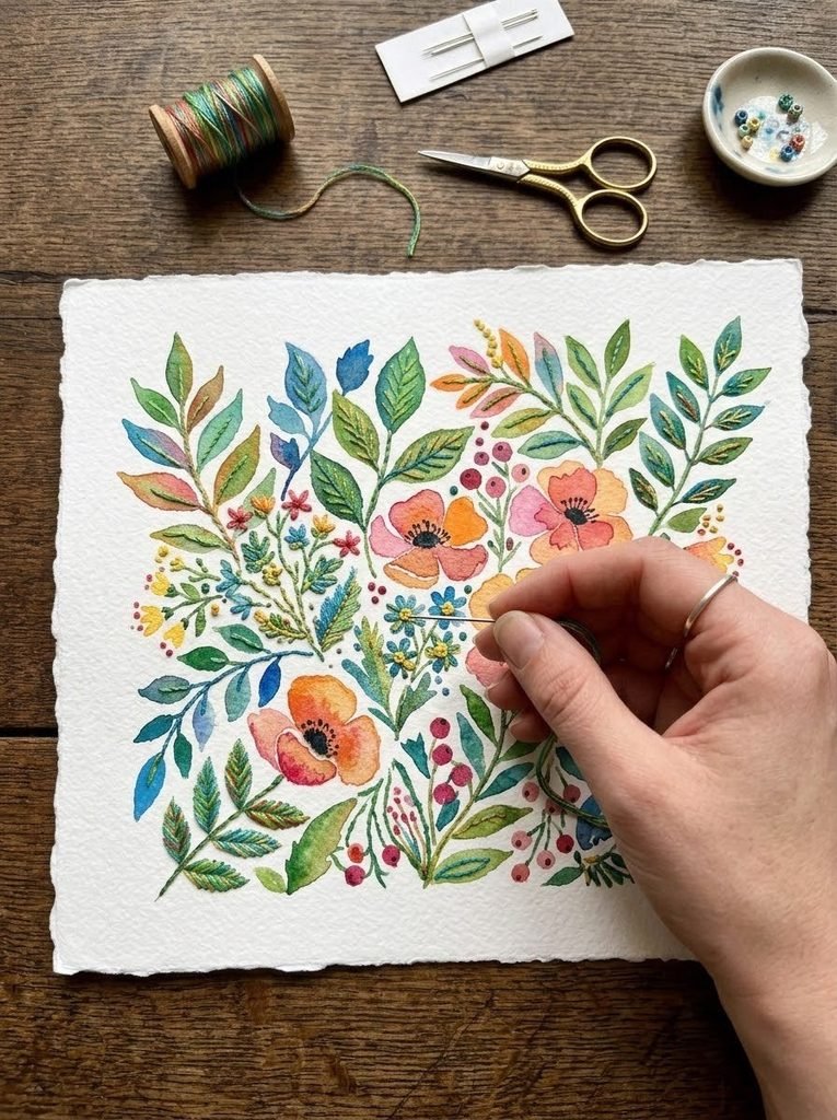 Combining paper and thread for trending casual crafts like stitched paper art.