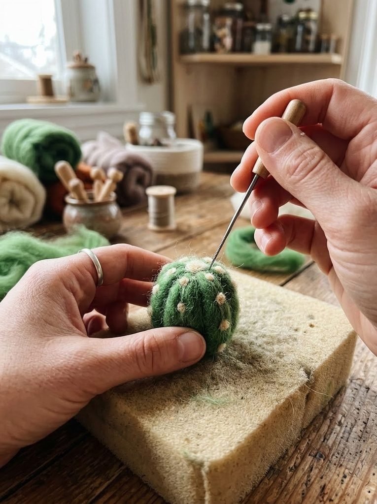 Shaping wool roving through needle felting for trending casual crafts.