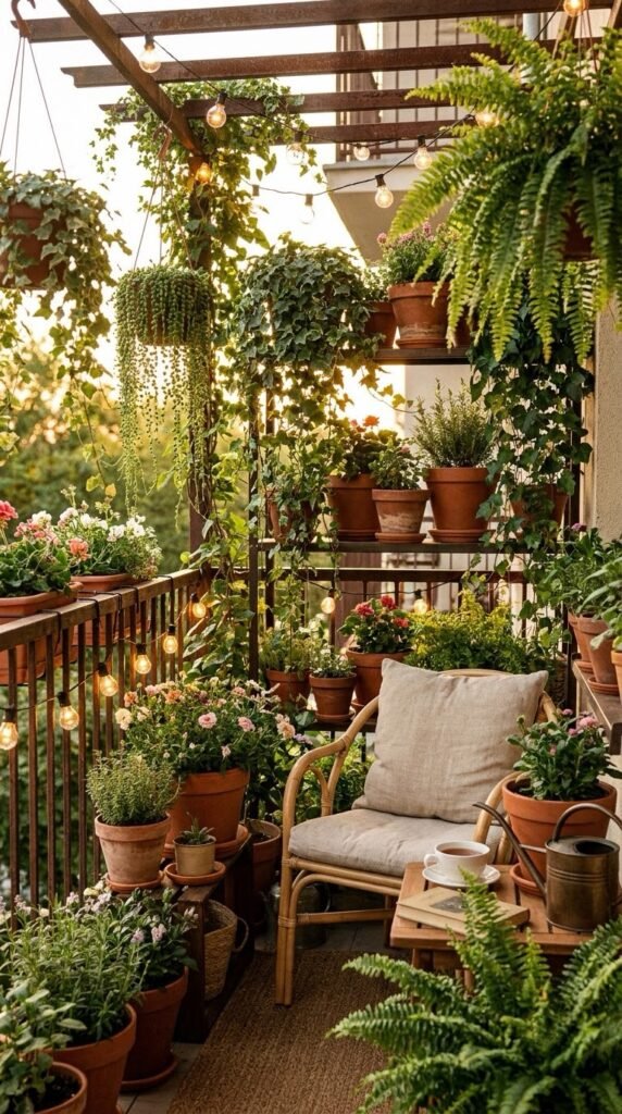 "Small apartment balcony garden with potted plants and a chair".